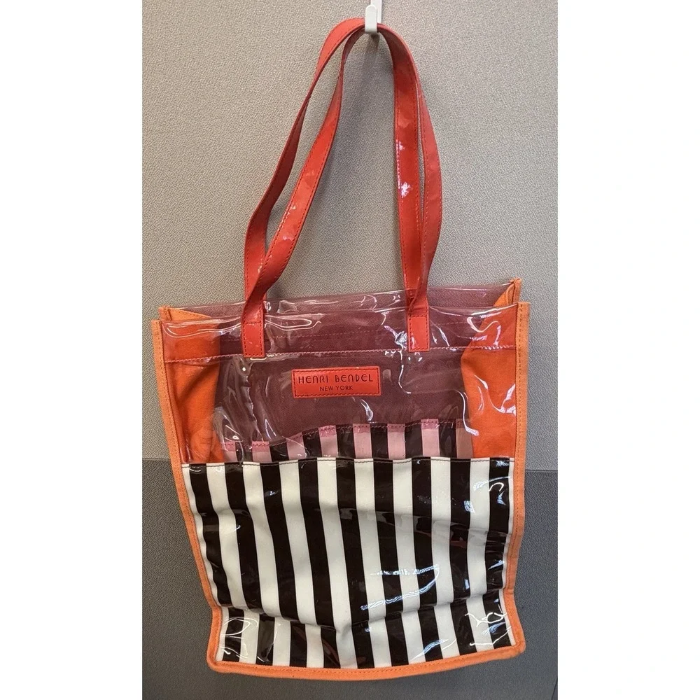 Henri Bendel New York Women's Handbag Black White Striped Double Handle Tote Bag